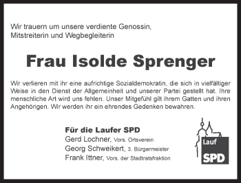 Traueranzeige von Isolde Sprenger von Pegnitz-Zeitung